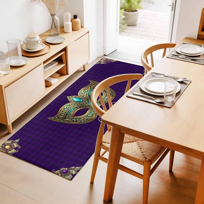 Runner Rug for Bedroom Hallway, Mardi Gras Mask Purple Plaid Kitchen Runner Rugs Area Rug 2x6ft, Abstract Blossom Floral Washable Soft Floor Carpet for Entryway Stair
