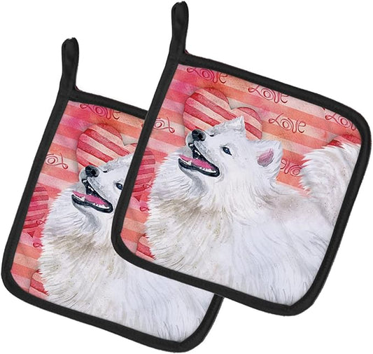 Caroline's Treasures BB9778PTHD Samoyed Love Pair of Pot Holders, Red Kitchen Heat Resistant Pot Holders Sets Oven Hot Pads for Cooking Baking BBQ, 7 1/2 x 7 1/2