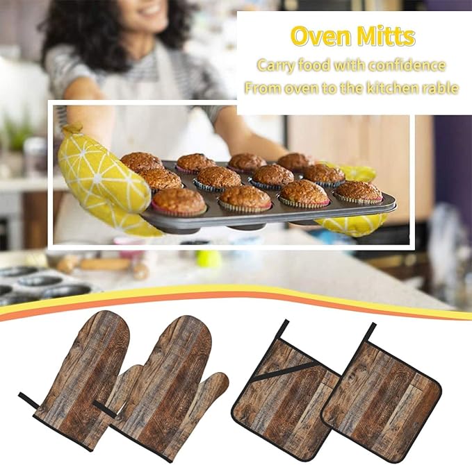 Oven Mitts and Pot Holders Sets of 4,Vintage Brown Wood Splicing Pattern,Oven Mitts Heat Resistant Oven Gloves Set Potholders for Kitchen Baking Grilling