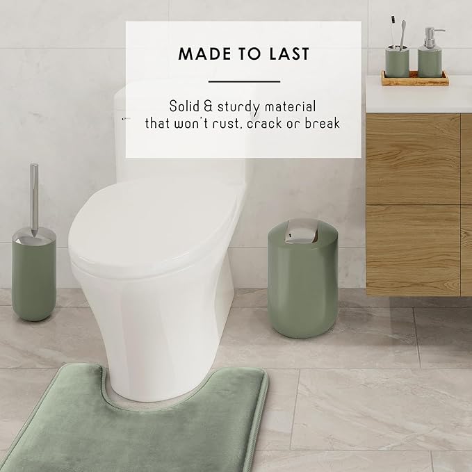 Clara Clark Bathroom Accessories Set - Bathroom Set with Adhesive Corner Shower Caddy Hanging, 25PC Bathroom Accessory Set, Sage Green Shower Curtain Set, Toilet Brush, Trash Can & Soap Dispenser