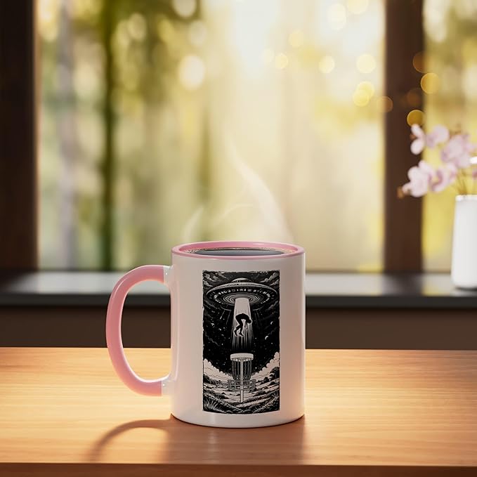Disc Golf UFO Funny Flying Saucer Alien Abduction Basket Ceramic Mug, Pink/White