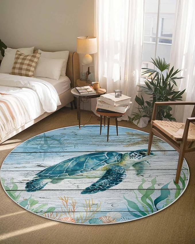 Round Area Rug,Sea Turtle Seagrass Starfish Circle Living Room Rug Non-Slip Rugs Indoor Carpet,Nautical Compass Blue Gradient Soft Comfort Rugs for Bedroom KidsRoom Nursery