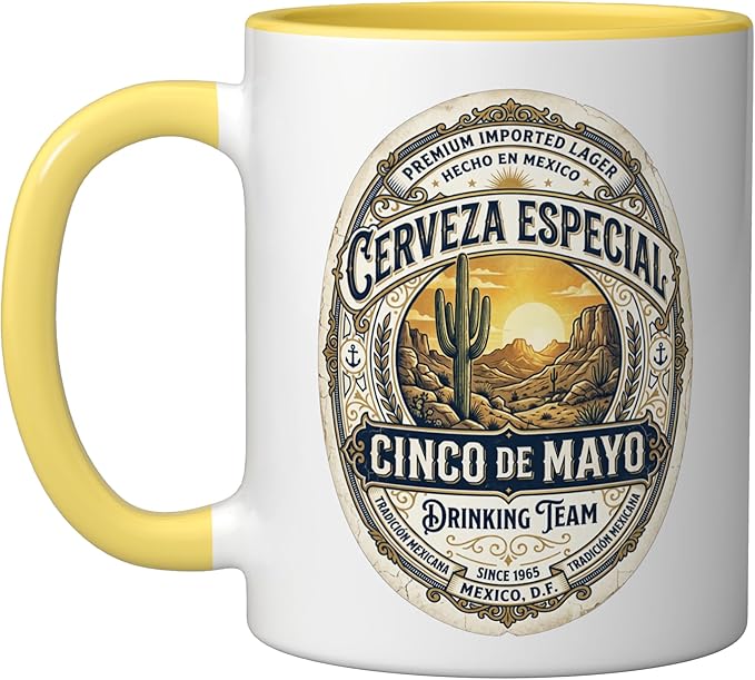 Cinco De Mayo Drinking Team Cerveza Beer Label Ceramic Mug, Yellow/White