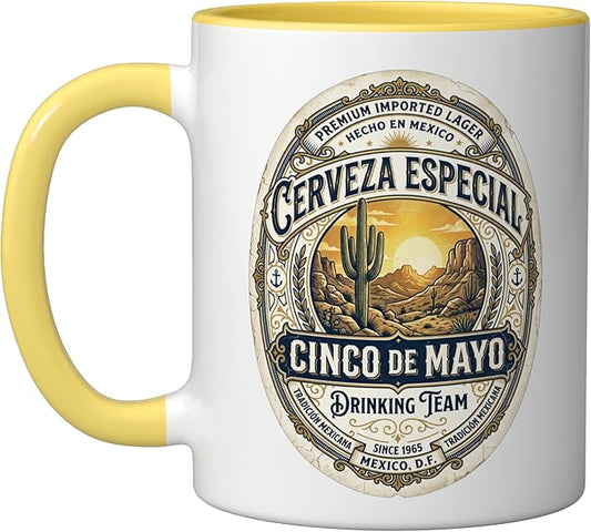 Cinco De Mayo Drinking Team Cerveza Beer Label Ceramic Mug, Yellow/White