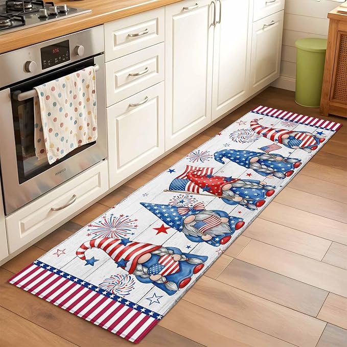 Runner Rug for Bedroom Hallway, Independence Day USA Flag Star Dwarf Kitchen Runner Rugs Area Rug 2x6ft, Stripes on Wood Grain Washable Soft Floor Carpet for Entryway Stair