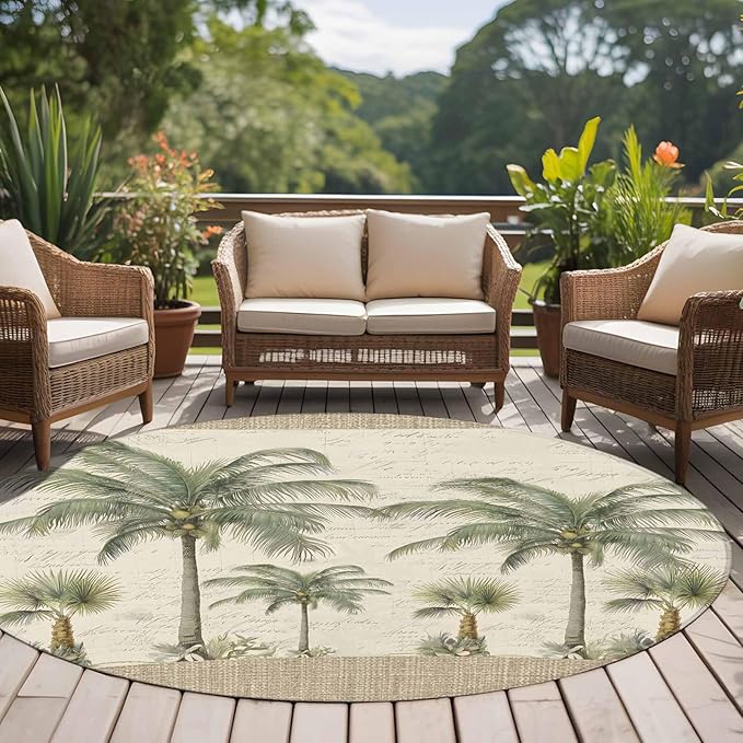 Washable Round Area Rug Coastal Tropical Olive Green Palm Trees Circle Rugs Floor Carpet for Living Room Bedroom, Classic Retro Linen Soft Non Slip Round Rug 5ft