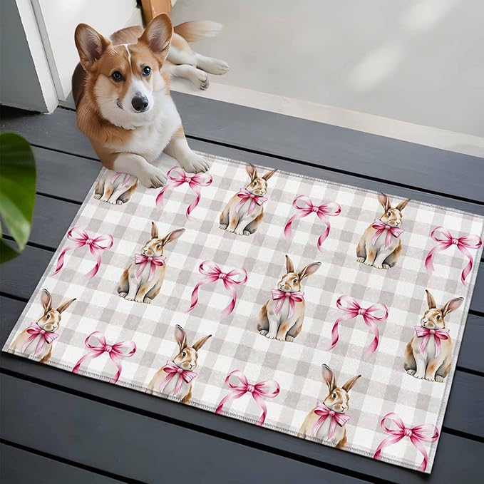 Area Rug 2x3ft, Easter Rabbit Pink Bow Washable Rugs for Living Room Bedroom, Seamless Bunny Gray Buffalo Plaid Soft Non-Slip Area Rugs Rectangle Floor Carpet for Dining Room