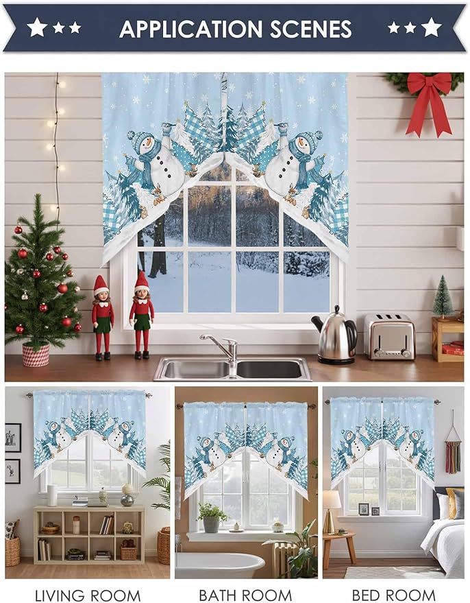 Christmas Snowman Swag Valance Curains Winter Xmas Tree Snowflakes Sky Blue Rod Pocket Kitchen Curtains Scalloped Window Treatment Valances Swag for Living Room Bedroom, 1 Pair, 36"W x 45"L