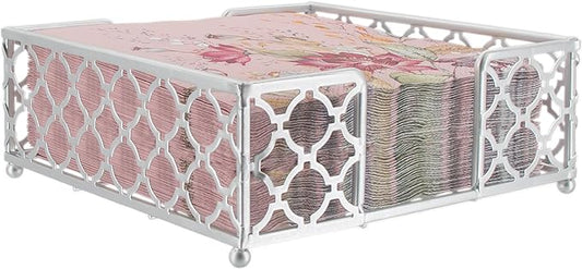 Boston International Paper Napkin Holder Caddy Dispenser for Kitchen Dining Buffet & Bar Countertops, 6.75" x 6.75" (Fits Lunch Size), Silver Trellis