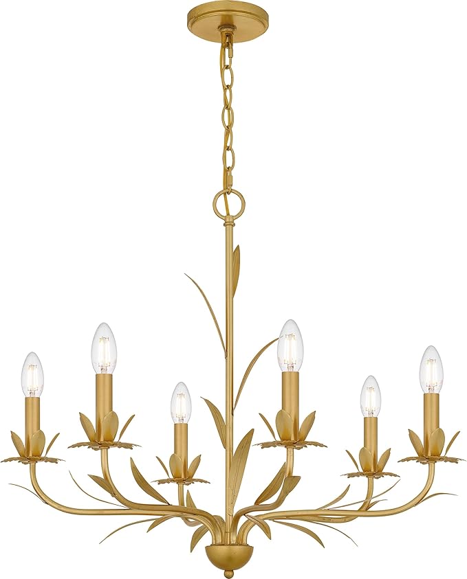 Quoizel Maria 6-Light Gold Leaf Chandelier with Nature-Inspired Leaf Details, Traditional Candle-Style Chandelier for Dining Room, Living Room, Kitchen, Bedroom, or Office