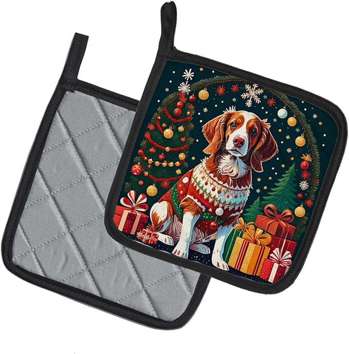 Caroline's Treasures Brittany Spaniel Christmas Pair of Pot Holders Kitchen Heat Resistant Pot Holders Sets Oven Hot Pads for Cooking Baking BBQ, 7 1/2 x 7 1/2