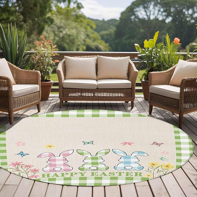 Washable Round Area Rug Happy Easter Bunny Shadow Flowers Circle Rugs Floor Carpet for Living Room Bedroom, Retro Linen Cotton and Grid Soft Non Slip Round Rug 5ft