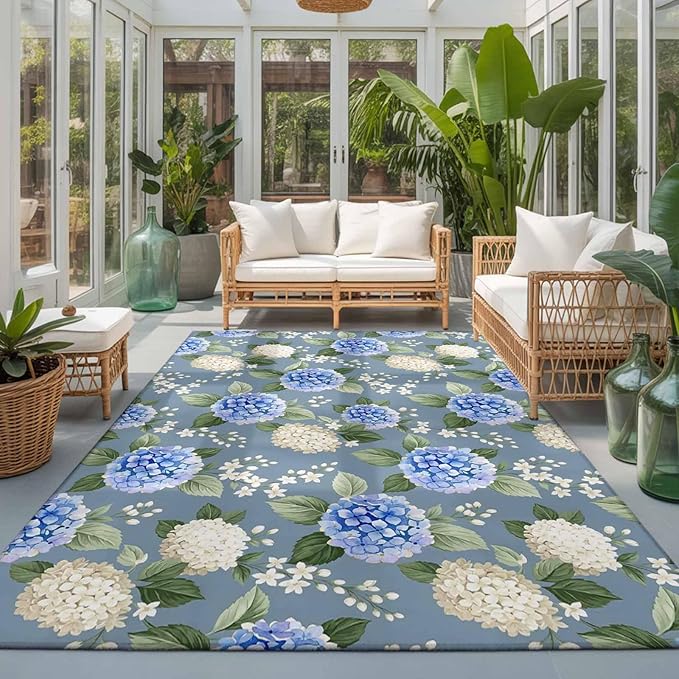 Area Rug 3x5ft, Watercolor Purple White Hydrangea Washable Rugs for Living Room Bedroom, Spring Flower on Gray Blue Soft Non-Slip Area Rugs Rectangle Floor Carpet for Dining Room