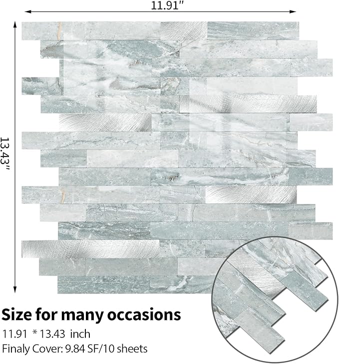 Yipscazo 1 Sheet Peel and Stick Stone Metal Tile Backsplash, Stick on Tiles for Backsplash Kitchen, Bathroom, Laundry Room, Camper, Fireplace (12'' X 12'', Polished Cyan)