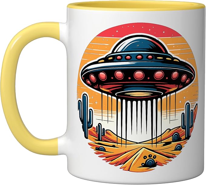 Retro UFO Desert Abduction Scene | Vintage Sci-Fi Ceramic Mug, Yellow/White