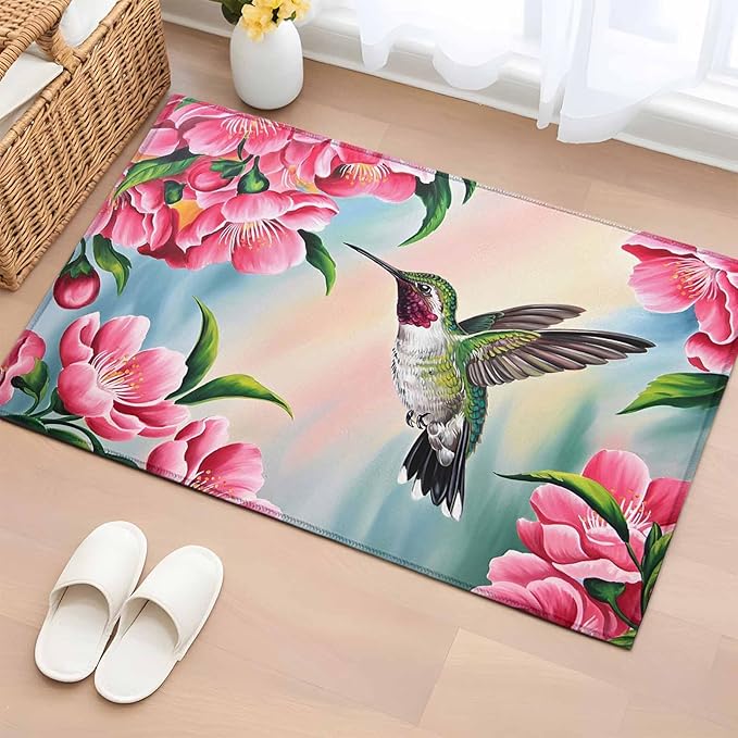 Area Rug 2x3ft, Hummingbird Flower Peach Blossom Washable Rugs for Living Room Bedroom, Nature Oil Painting Art Soft Non-Slip Area Rugs Rectangle Floor Carpet for Dining Room