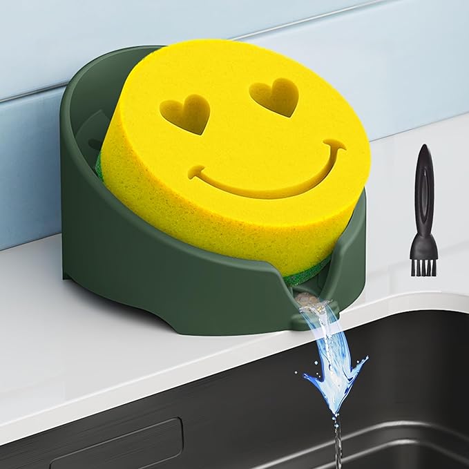 NiHome Silicone Sponge Holder Compatible with Scrub Daddy Mommy Sponges for Kitchen & Bathroom, Auto Draining Organizer, Holds Multiple Sponges & Cleaning Tools, Food-Grade,Dishwasher Safe(Dark Green)