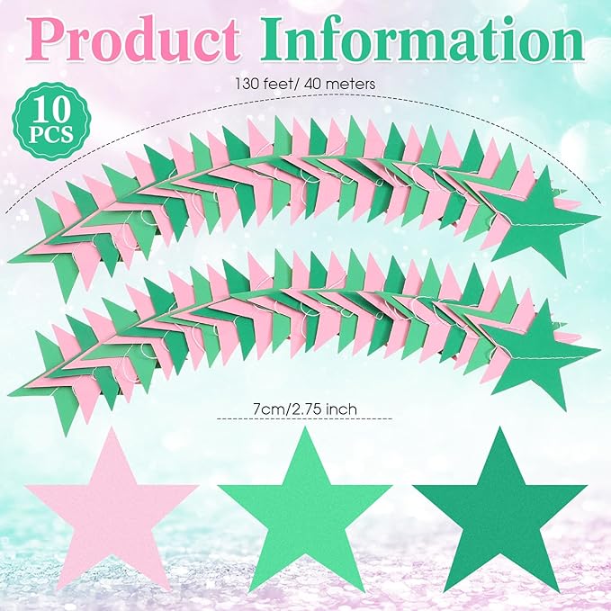 Patelai 130 Feet Glitter Star Garland Banner 2026 Party Decoration Double Side Star Hanging String Streamer Paper Twinkle for Graduation Wedding Birthday (Pink and Green)