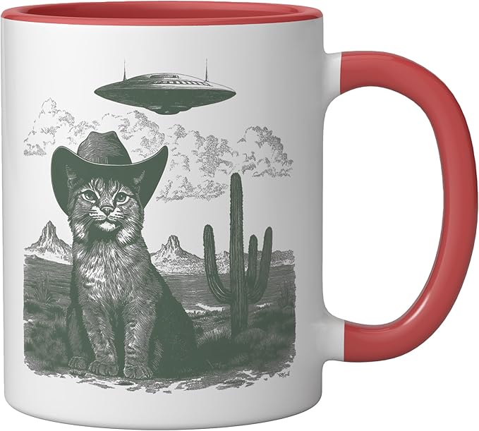 Feline in Hat UFO Sighting Arid Wilderness Cat Design Ceramic Mug, Red/White