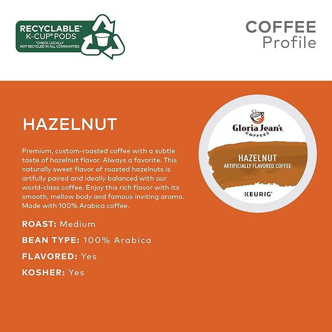 Gloria Jean's Coffees Hazelnut, Single-Serve Keurig K-Cup Pods, Flavored Medium Roast Coffee, 96 Count