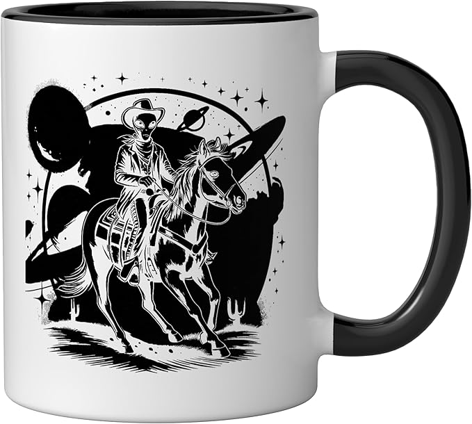 Alien Lover Flying Saucer UFO Extraterrestrial Cowboy Ceramic Mug, Black/White