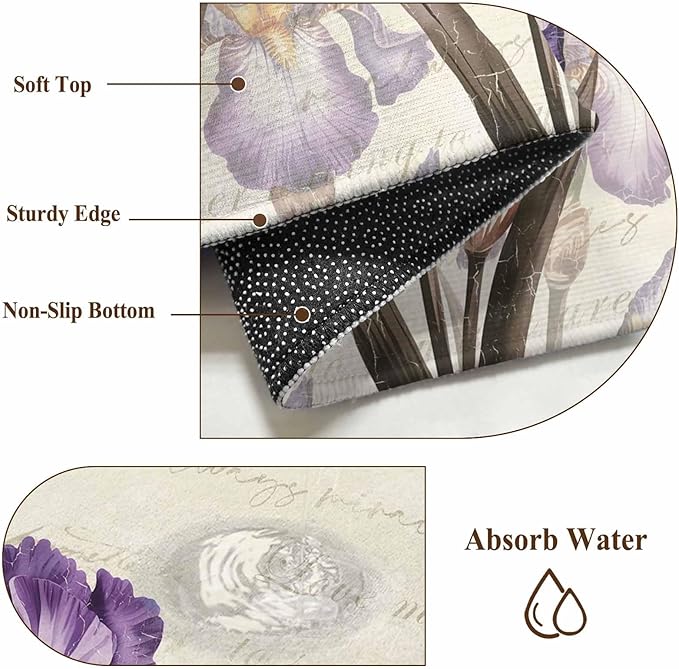 Washable Round Area Rug Pastoral Purple Flower Watercolor Circle Rugs Floor Carpet for Living Room Bedroom, Country Botanical Butterflies Soft Non Slip Round Rug 3ft