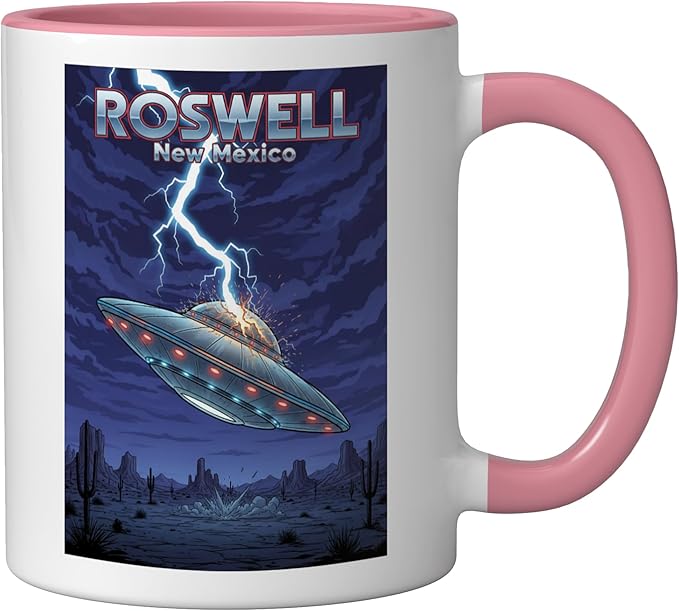 Roswell UFO Flying Saucer New Mexico Souvenir Lightning Ceramic Mug, Pink/White
