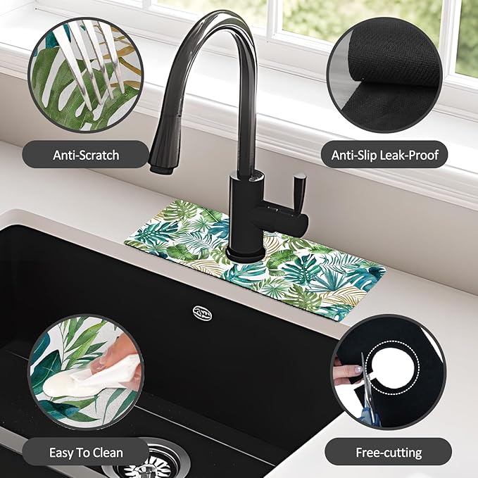 15" X 5.5" Kitchen Sink Splash Guard Faucet Mat Leaf Super Absorbent Fast Drying Faucet Guard & Draining Mat Sink Splash Guard Behind Faucet for Kitchen, Bathroom