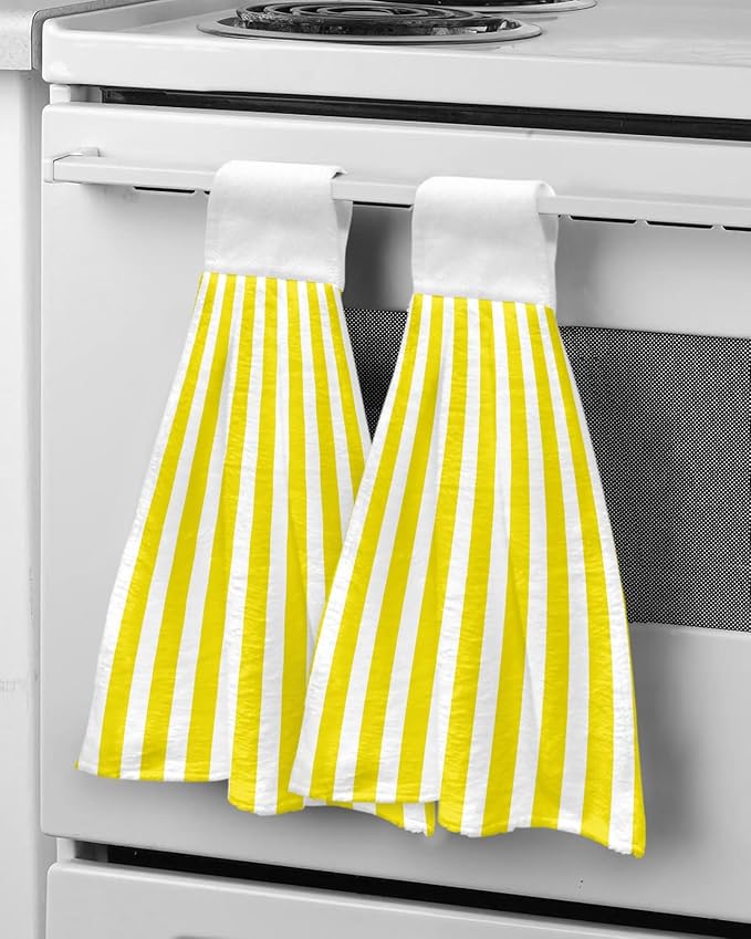 Alandar Home Kitchen Tie Towel Set of 1, Minimalist Modern Yellow White Stripe Absorbent Soft Hand Towels for Bathroom Hanging Towels, Simple Line Texture Fast Drying Cleaning Cloth with Loop