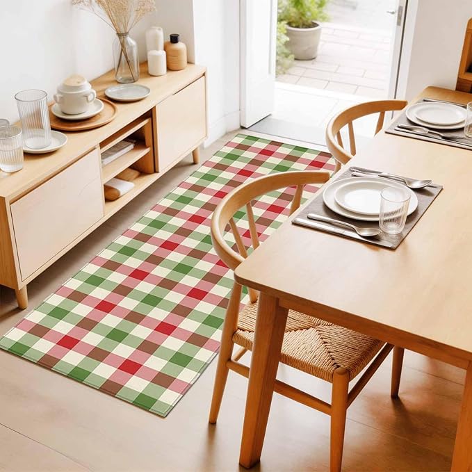 Runner Rug for Bedroom Hallway, Vintage Pastoral Red Green Buffalo Gingham Kitchen Runner Rugs Area Rug 2x6ft, Christmas Plaid Washable Soft Floor Carpet for Entryway Stair