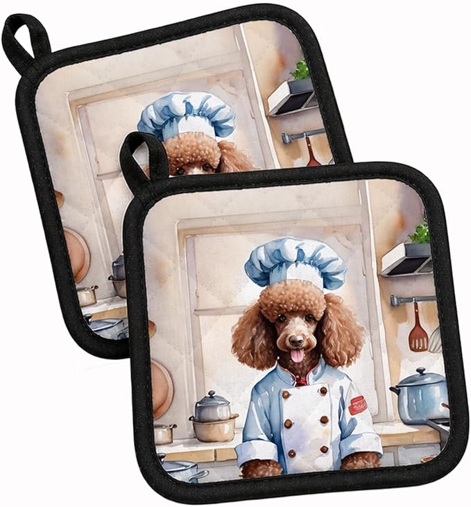 Caroline's Treasures Chocolate Poodle The Chef Pair of Pot Holders Kitchen Heat Resistant Pot Holders Sets Oven Hot Pads for Cooking Baking BBQ, 7 1/2 x 7 1/2