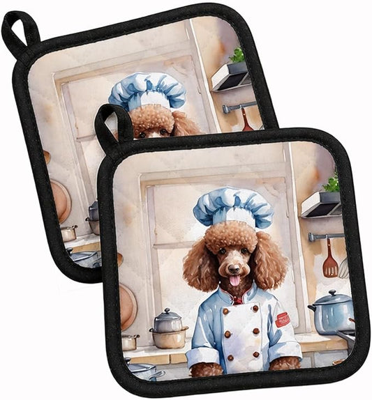 Caroline's Treasures Chocolate Poodle The Chef Pair of Pot Holders Kitchen Heat Resistant Pot Holders Sets Oven Hot Pads for Cooking Baking BBQ, 7 1/2 x 7 1/2