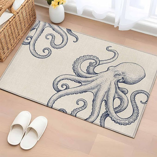 Area Rug 2x3ft, Marine Octopus Sea Monster Washable Rugs for Living Room Bedroom, Farmhouse Ocean Life on Linen Soft Non-Slip Area Rugs Rectangle Floor Carpet for Dining Room
