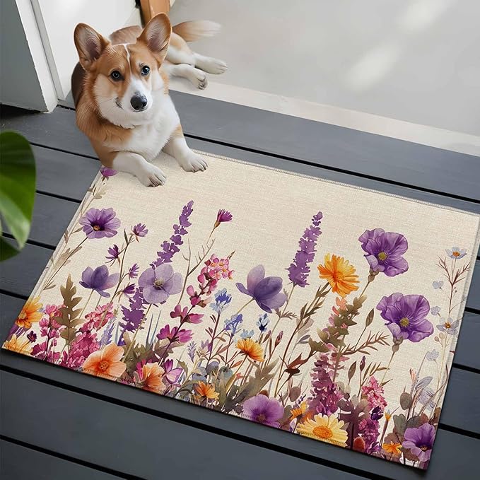Area Rug 2x3ft, Country Flower Purple Lavender Plant Washable Rugs for Living Room Bedroom, Retro Linen Soft Non-Slip Area Rugs Rectangle Floor Carpet for Dining Room