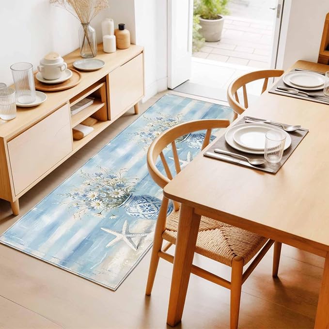 Runner Rug for Bedroom Hallway, Summer Beach Starfish Flower Kitchen Runner Rugs Area Rug 2x6ft, Marine Theme Daisy Vase Washable Soft Floor Carpet for Entryway Stair