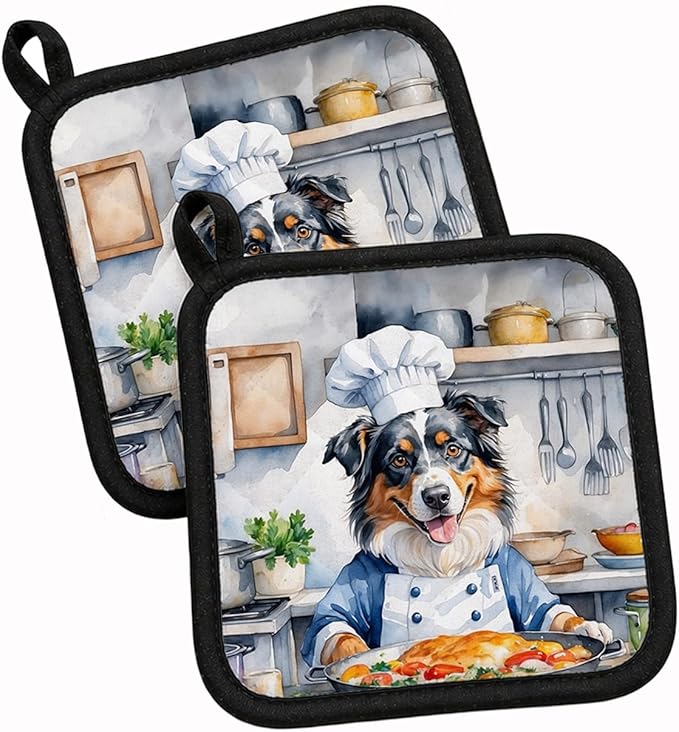 Caroline's Treasures Australian Shepherd The Chef Pair of Pot Holders Kitchen Heat Resistant Pot Holders Sets Oven Hot Pads for Cooking Baking BBQ, 7 1/2 x 7 1/2