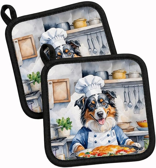 Caroline's Treasures Australian Shepherd The Chef Pair of Pot Holders Kitchen Heat Resistant Pot Holders Sets Oven Hot Pads for Cooking Baking BBQ, 7 1/2 x 7 1/2