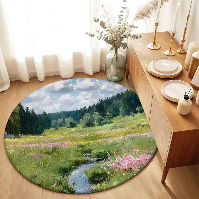 Washable Round Area Rug Watercolor Flowers Leaves Forest Meadow Circle Rugs Floor Carpet for Living Room Bedroom, Oil Paint Texture Soft Non Slip Round Rug 5ft