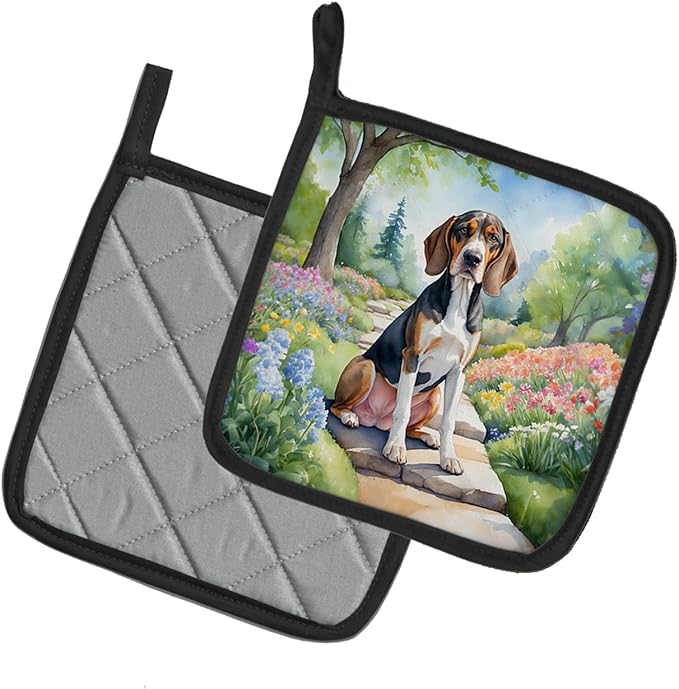 Caroline's Treasures American English Coonhound Spring Garden Pair of Pot Holders Kitchen Heat Resistant Pot Holders Sets Oven Hot Pads for Cooking Baking BBQ, 7 1/2 x 7 1/2