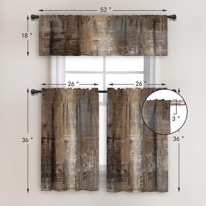 MCALK Brown Blackout Kitchen Curtains Tiers and Valances for Windows, Grey Kitchen Window Curtains, Modern Abstract Art Valances for Living Room (36" Tiers Set)