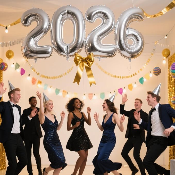 2026 Silver Foil Numbers Balloons(40 Inch) Happy New Years Eve Party Supplies 2026 New Year Graduation Balloons Decorations 20 26 Signs Props Birthday Anniversary Wedding Festival Ornament Decor