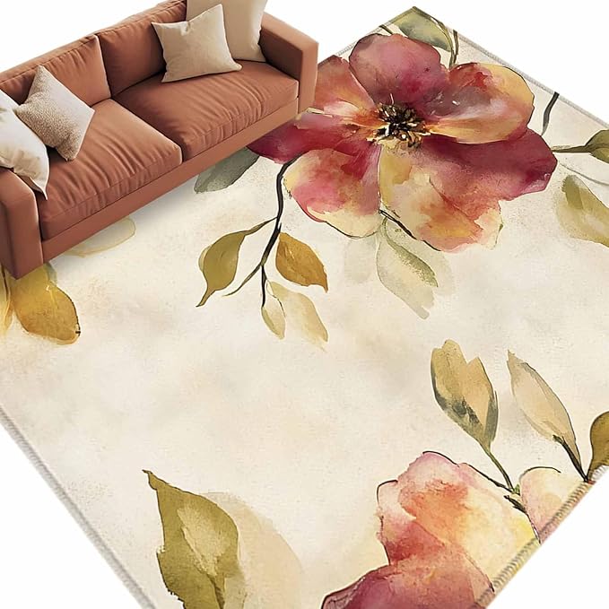 Area Rug 6x9ft, Oil Painting Style Flowers Washable Rugs for Living Room Bedroom, Vintage Country Floral Soft Non-Slip Area Rugs Rectangle Floor Carpet for Dining Room