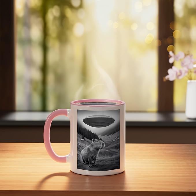 Vintage Capybara UFO Abduction Surreal Ironic Meme Ceramic Mug, Pink/White
