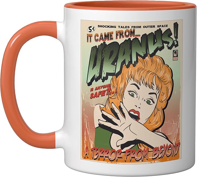 Ufo Flying Saucer Invasion 1950's Sience Fiction Abduction Ceramic Mug, Orange/White