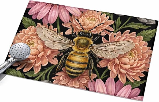 Area Rug 2x3ft, Vintage Honey Gold Bee Pink Flowers Washable Rugs for Living Room Bedroom, Sage Green Leaves Soft Non-Slip Area Rugs Rectangle Floor Carpet for Dining Room
