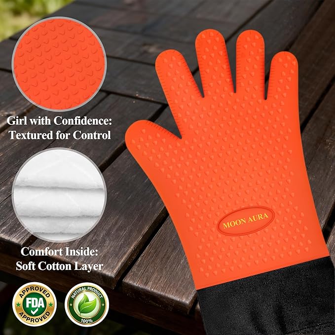 Silicone Smoker Oven Gloves - BBQ Gloves with Sharp Knife, Basting Brush and Sticky Hook.
