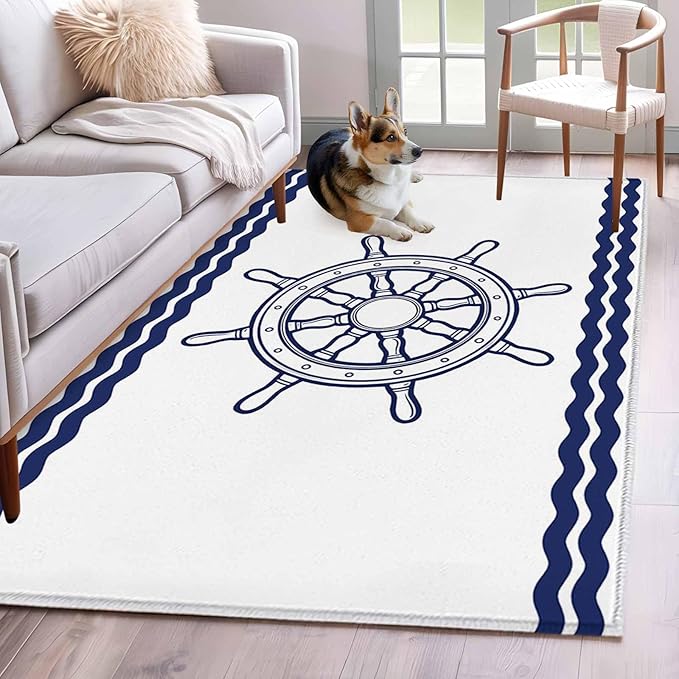 Area Rug 4x6ft, Summer Marine Nautical Ship Rudder Washable Rugs for Living Room Bedroom, Ocean Theme Navy Blue White Soft Non-Slip Area Rugs Rectangle Floor Carpet for Dining Room