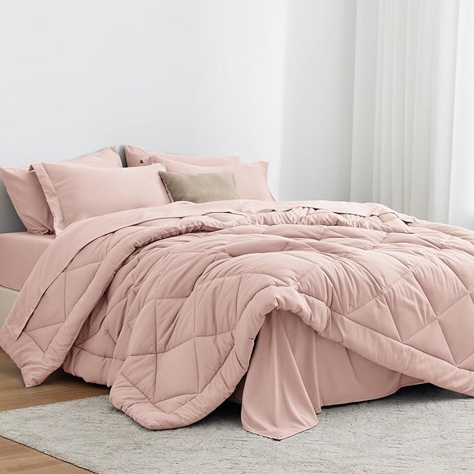 Love's cabin Twin Comforter Set Pink, 5 Pieces Twin Bed in a Bag, All Season Bedding Sets with 1 Comforter, 1 Flat Sheet, 1 Fitted Sheet, 1 Pillowcase and 1 Pillow Sham | Soft, Breathable, Lightweight, Comfortable