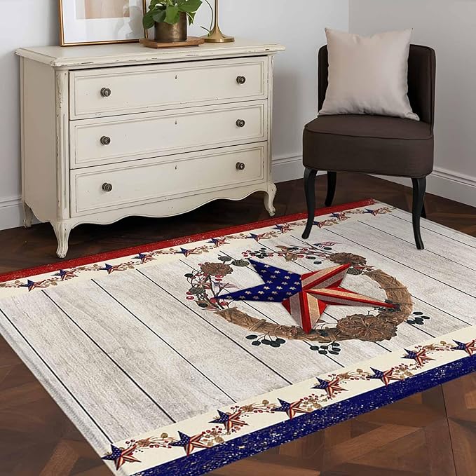 Area Rug 3x5ft, Retro USA Flag Star and Berry Washable Rugs for Living Room Bedroom, Wooden Texture Soft Non-Slip Area Rugs Rectangle Floor Carpet for Dining Room