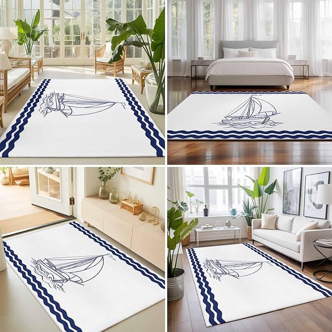 Area Rug 3x5ft, Summer Ocean Nautical Sailboat Washable Rugs for Living Room Bedroom, Marine Theme Navy Blue Stripe Soft Non-Slip Area Rugs Rectangle Floor Carpet for Dining Room